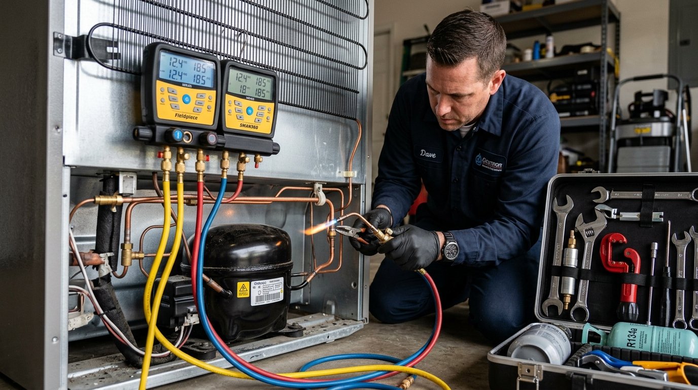 ARSF certified technician testing refrigerator compressor pressure gauges and brazing copper lines