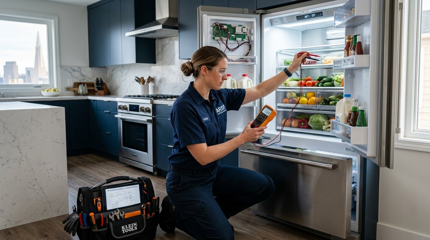 ARSF technician performing digital multimeter diagnostic on a modern refrigerator in San Francisco